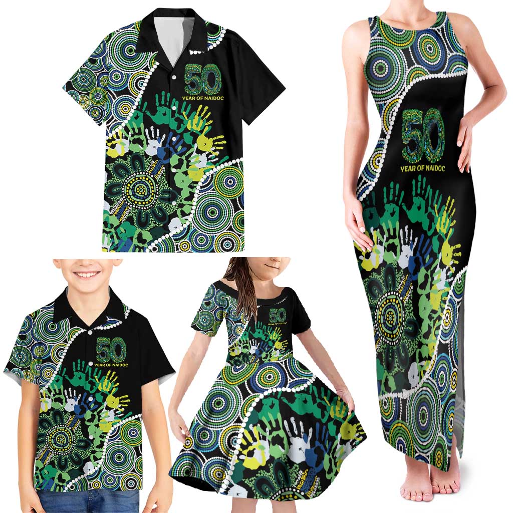 Honouring 50 Year Of NAIDOC Family Matching Tank Maxi Dress and Hawaiian Shirt Honouring The Next Generation Green Aboriginal Art