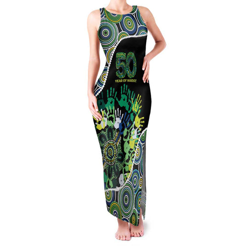 Honouring 50 Year Of NAIDOC Family Matching Tank Maxi Dress and Hawaiian Shirt Honouring The Next Generation Green Aboriginal Art