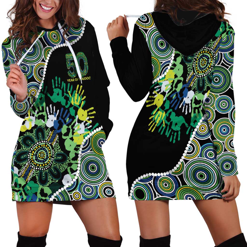 Honouring 50 Year Of NAIDOC Hoodie Dress Honouring The Next Generation Green Aboriginal Art