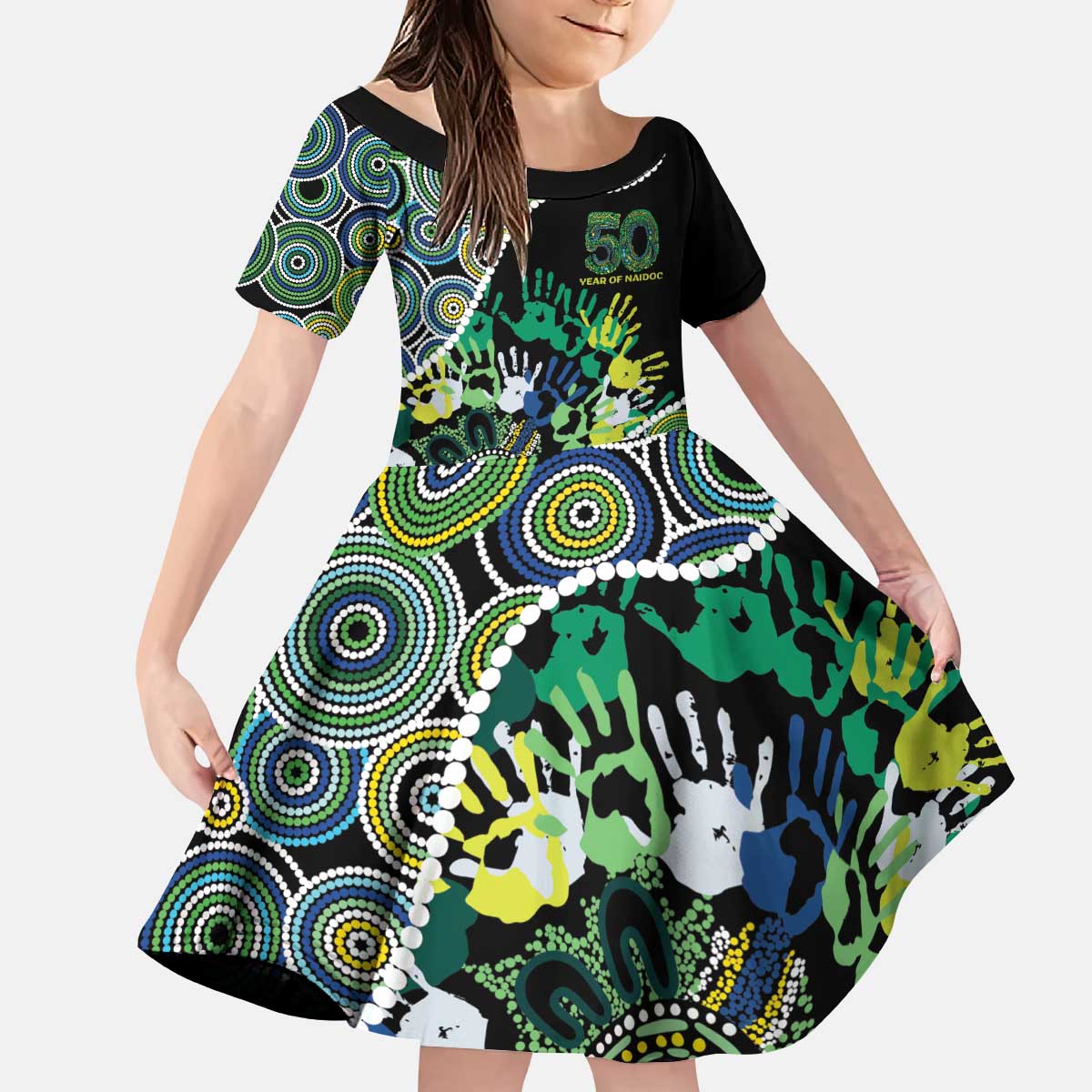 Honouring 50 Year Of NAIDOC Kid Short Sleeve Dress Honouring The Next Generation Green Aboriginal Art