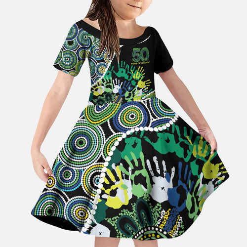 Honouring 50 Year Of NAIDOC Kid Short Sleeve Dress Honouring The Next Generation Green Aboriginal Art