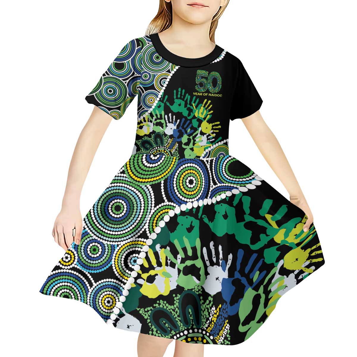 Honouring 50 Year Of NAIDOC Kid Short Sleeve Dress Honouring The Next Generation Green Aboriginal Art