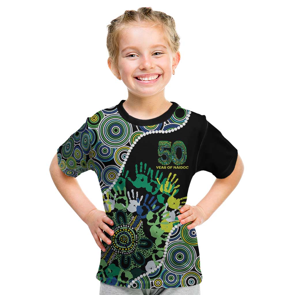 Honouring 50 Year Of NAIDOC Kid T Shirt Honouring The Next Generation Green Aboriginal Art