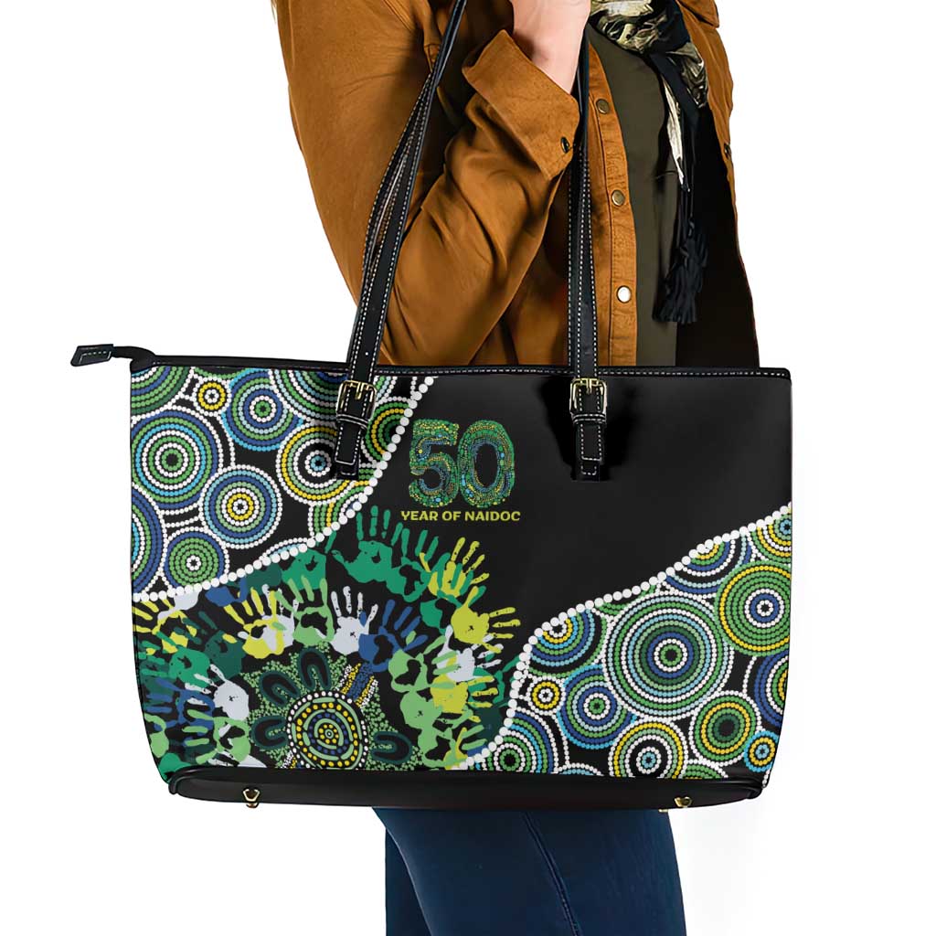 Honouring 50 Year Of NAIDOC Leather Tote Bag Honouring The Next Generation Green Aboriginal Art