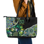 Honouring 50 Year Of NAIDOC Leather Tote Bag Honouring The Next Generation Green Aboriginal Art