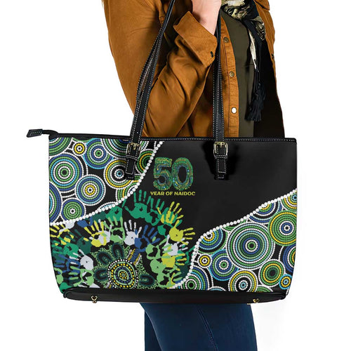 Honouring 50 Year Of NAIDOC Leather Tote Bag Honouring The Next Generation Green Aboriginal Art