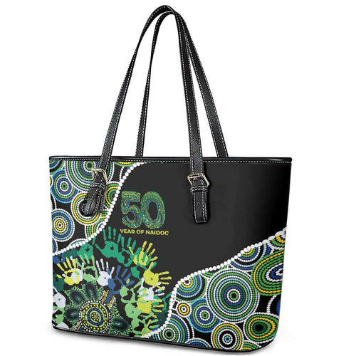 Honouring 50 Year Of NAIDOC Leather Tote Bag Honouring The Next Generation Green Aboriginal Art