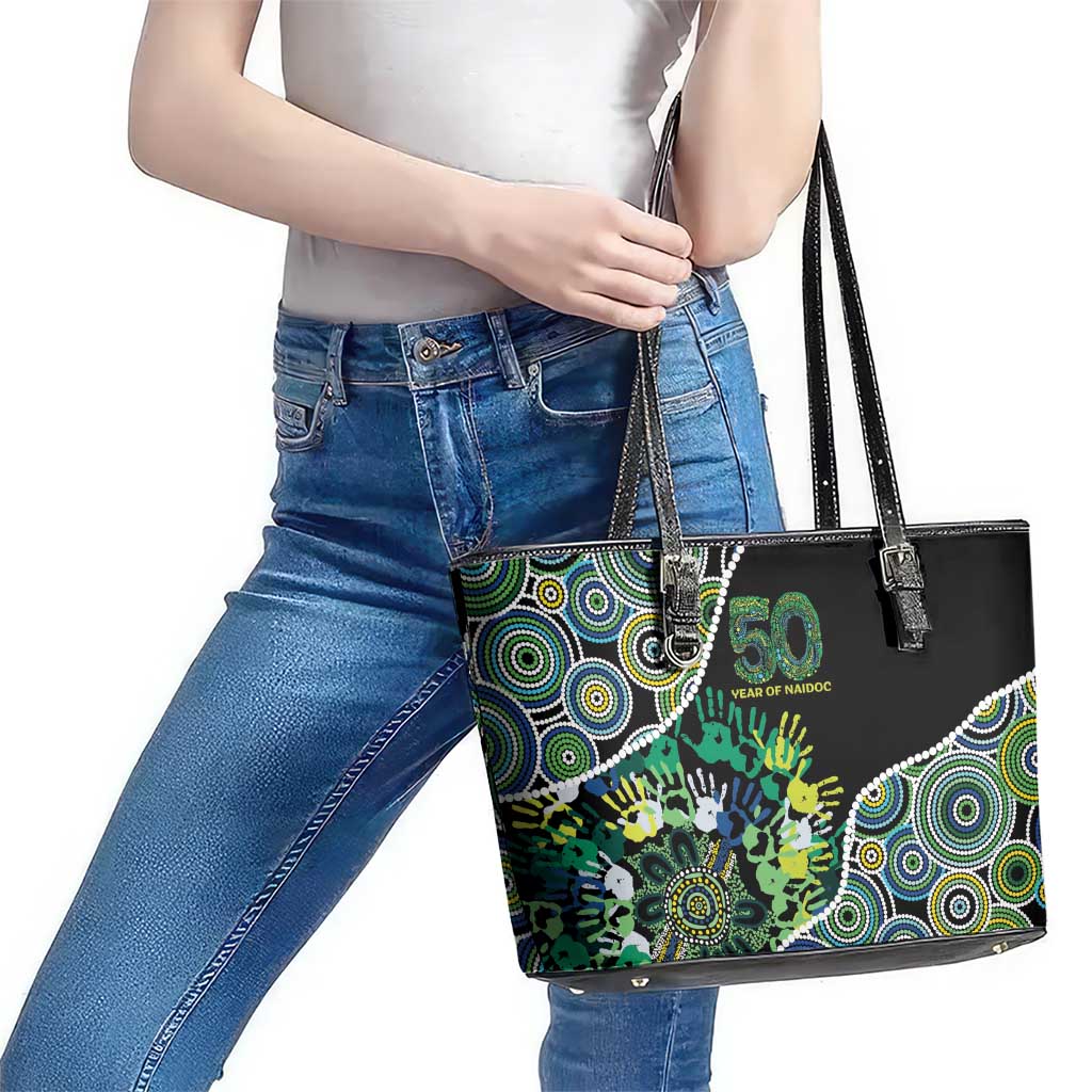 Honouring 50 Year Of NAIDOC Leather Tote Bag Honouring The Next Generation Green Aboriginal Art
