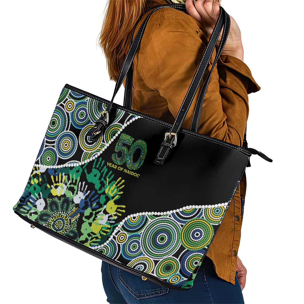 Honouring 50 Year Of NAIDOC Leather Tote Bag Honouring The Next Generation Green Aboriginal Art