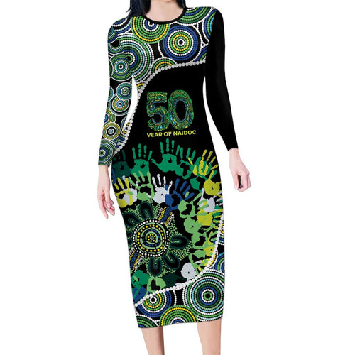 Honouring 50 Year Of NAIDOC Long Sleeve Bodycon Dress Honouring The Next Generation Green Aboriginal Art