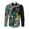Honouring 50 Year Of NAIDOC Long Sleeve Button Shirt Honouring The Next Generation Green Aboriginal Art
