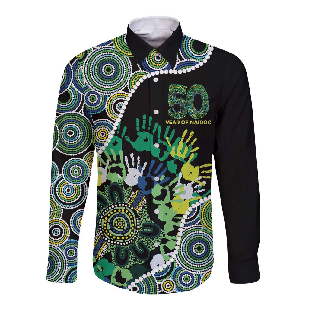 Honouring 50 Year Of NAIDOC Long Sleeve Button Shirt Honouring The Next Generation Green Aboriginal Art