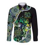 Honouring 50 Year Of NAIDOC Long Sleeve Button Shirt Honouring The Next Generation Green Aboriginal Art