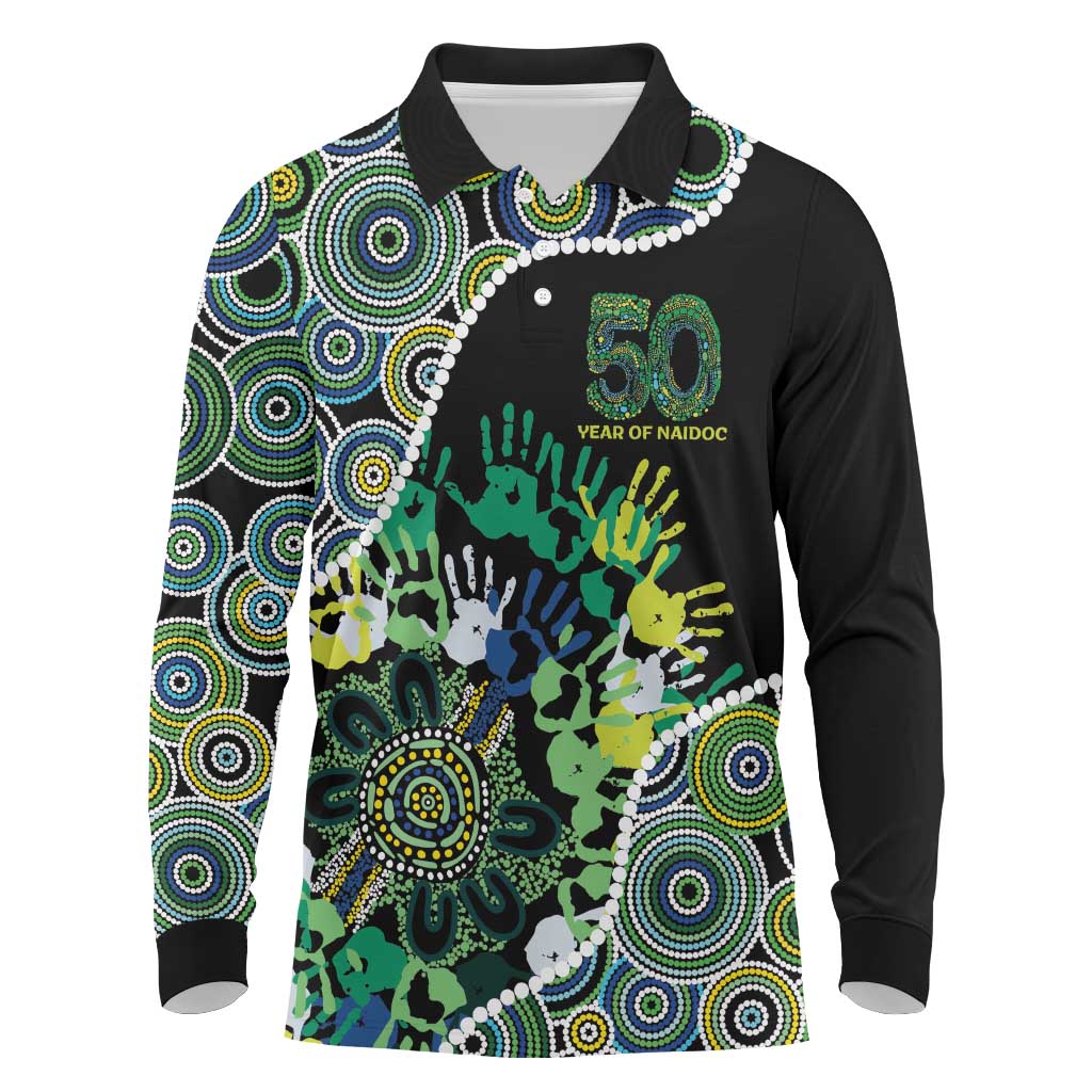 Honouring 50 Year Of NAIDOC Long Sleeve Polo Shirt Honouring The Next Generation Green Aboriginal Art