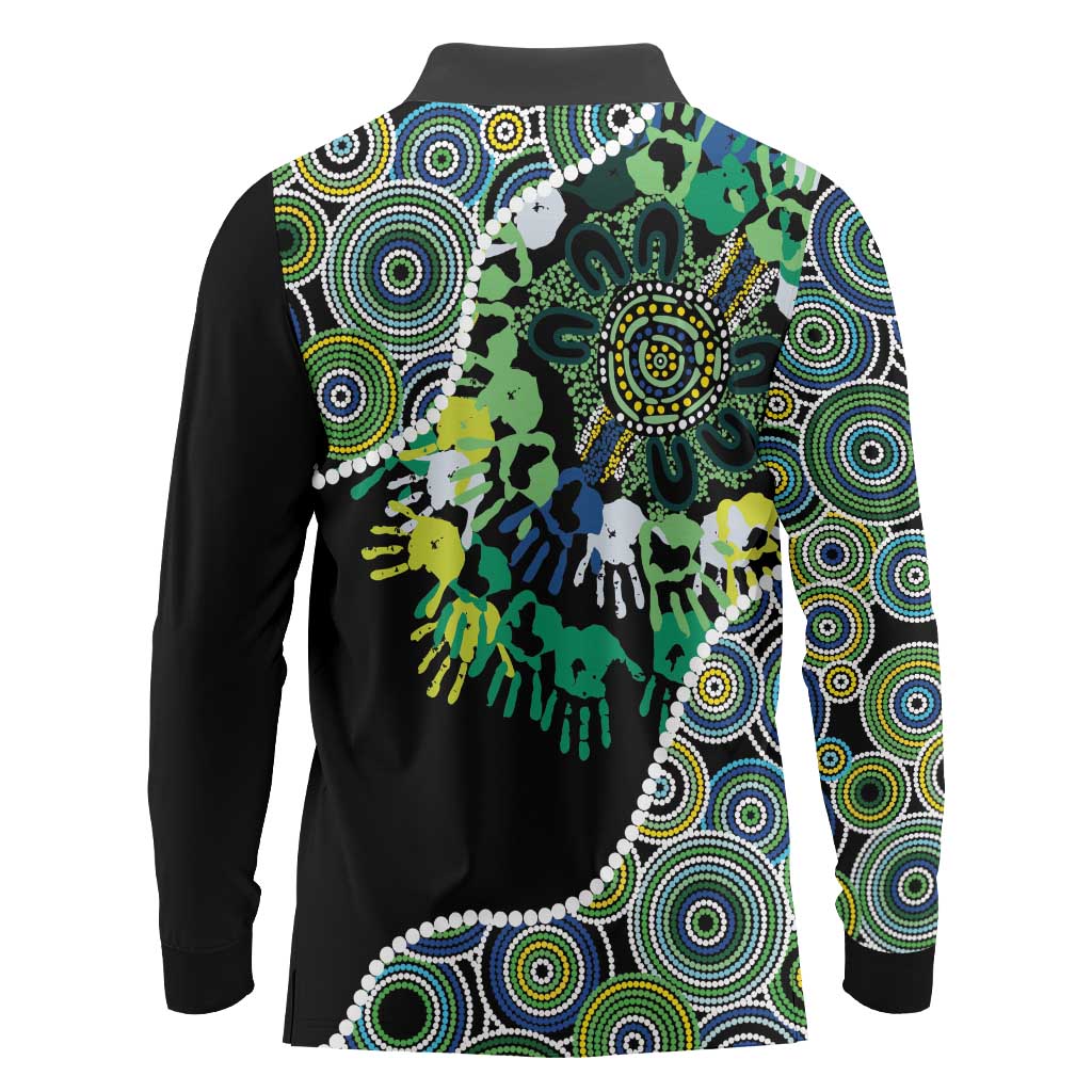 Honouring 50 Year Of NAIDOC Long Sleeve Polo Shirt Honouring The Next Generation Green Aboriginal Art