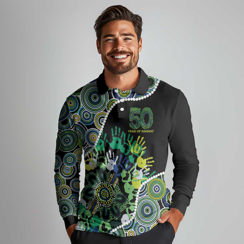 Honouring 50 Year Of NAIDOC Long Sleeve Polo Shirt Honouring The Next Generation Green Aboriginal Art