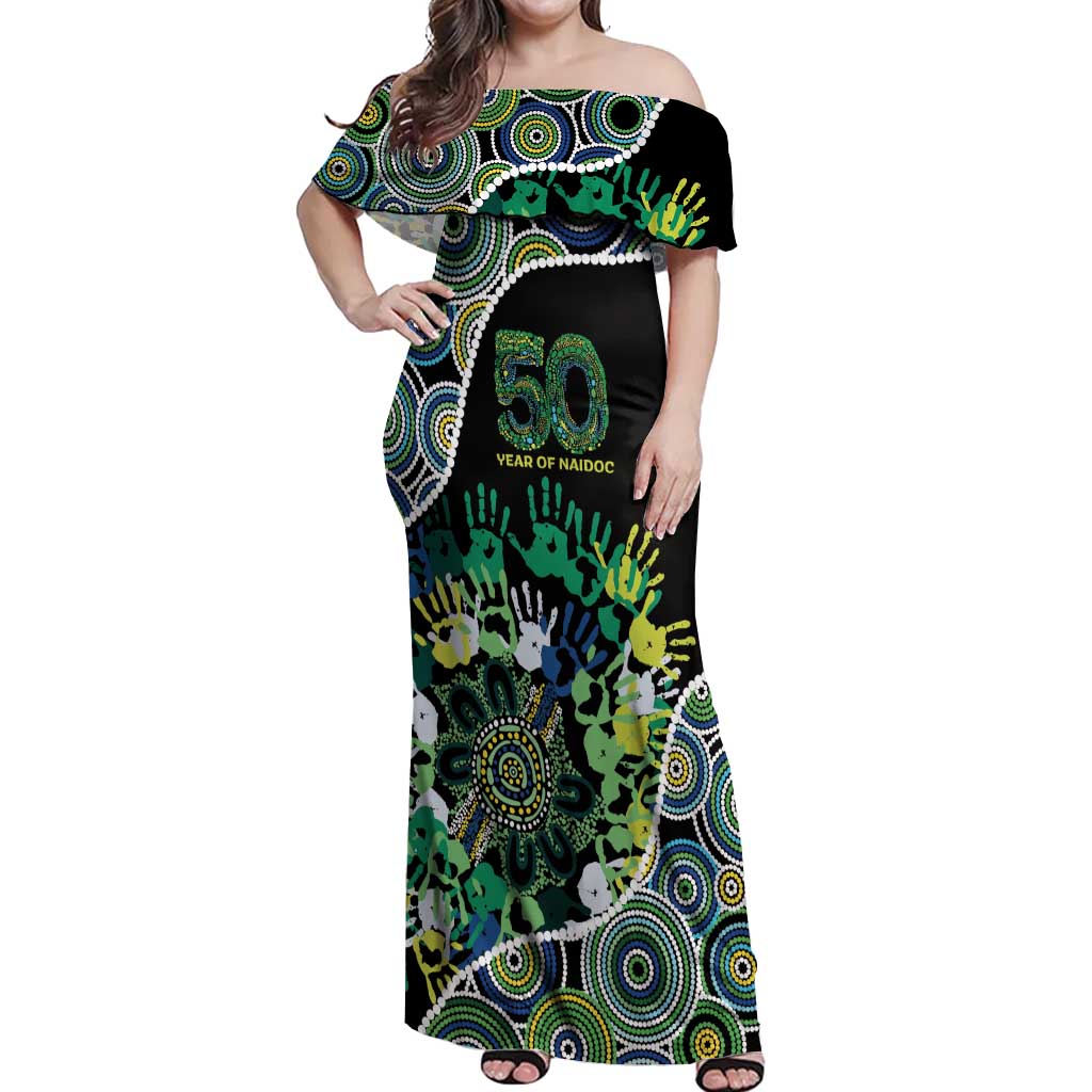 Honouring 50 Year Of NAIDOC Off Shoulder Maxi Dress Honouring The Next Generation Green Aboriginal Art