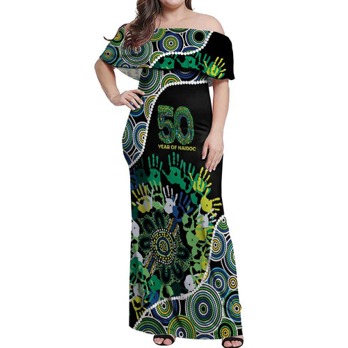 Honouring 50 Year Of NAIDOC Off Shoulder Maxi Dress Honouring The Next Generation Green Aboriginal Art