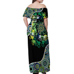 Honouring 50 Year Of NAIDOC Off Shoulder Maxi Dress Honouring The Next Generation Green Aboriginal Art