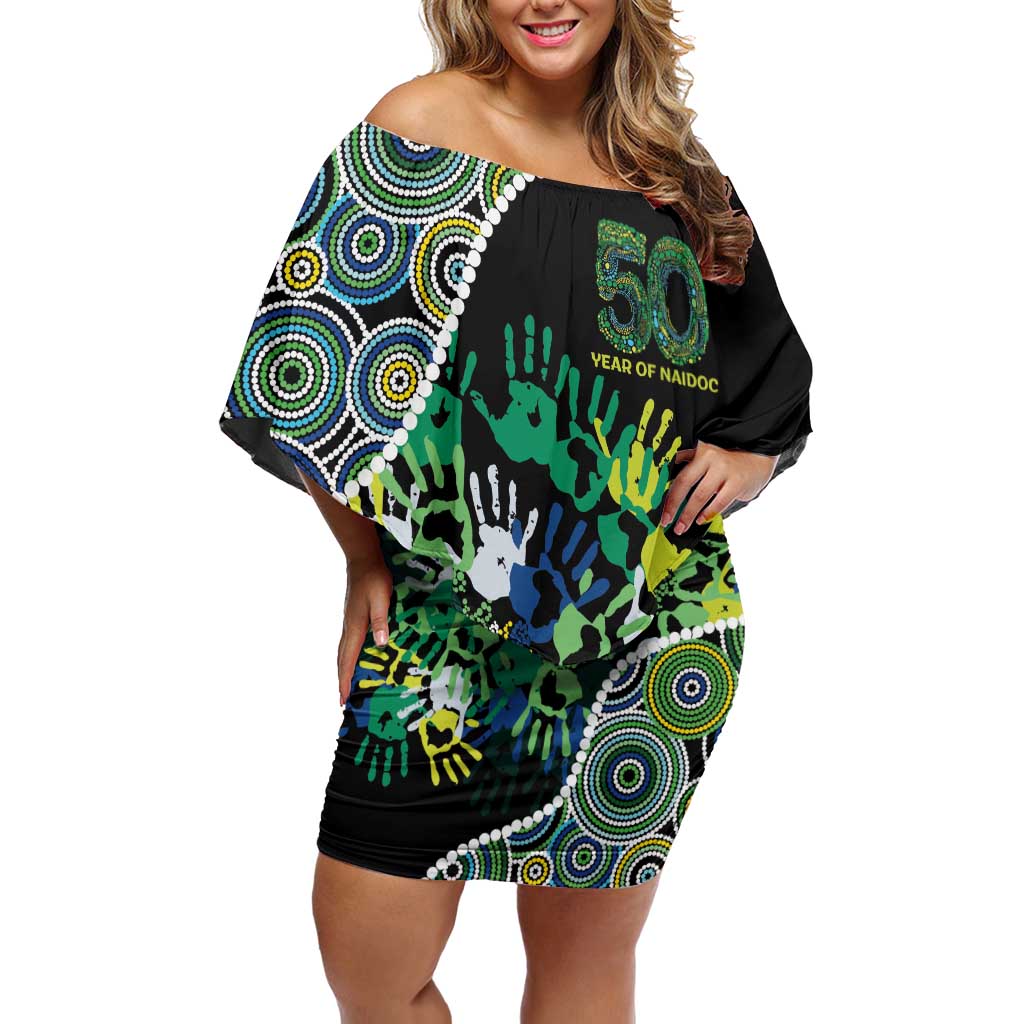 Honouring 50 Year Of NAIDOC Off Shoulder Short Dress Honouring The Next Generation Green Aboriginal Art