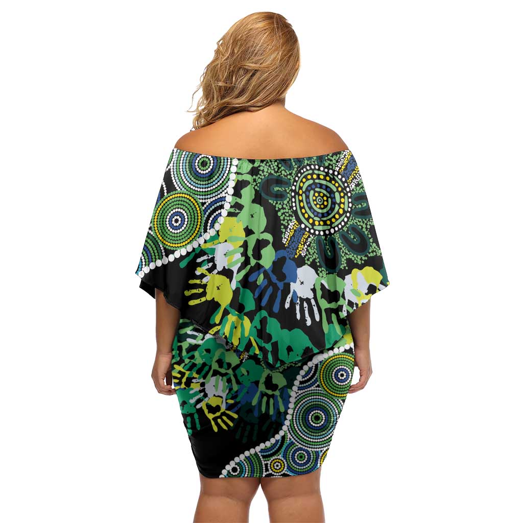 Honouring 50 Year Of NAIDOC Off Shoulder Short Dress Honouring The Next Generation Green Aboriginal Art