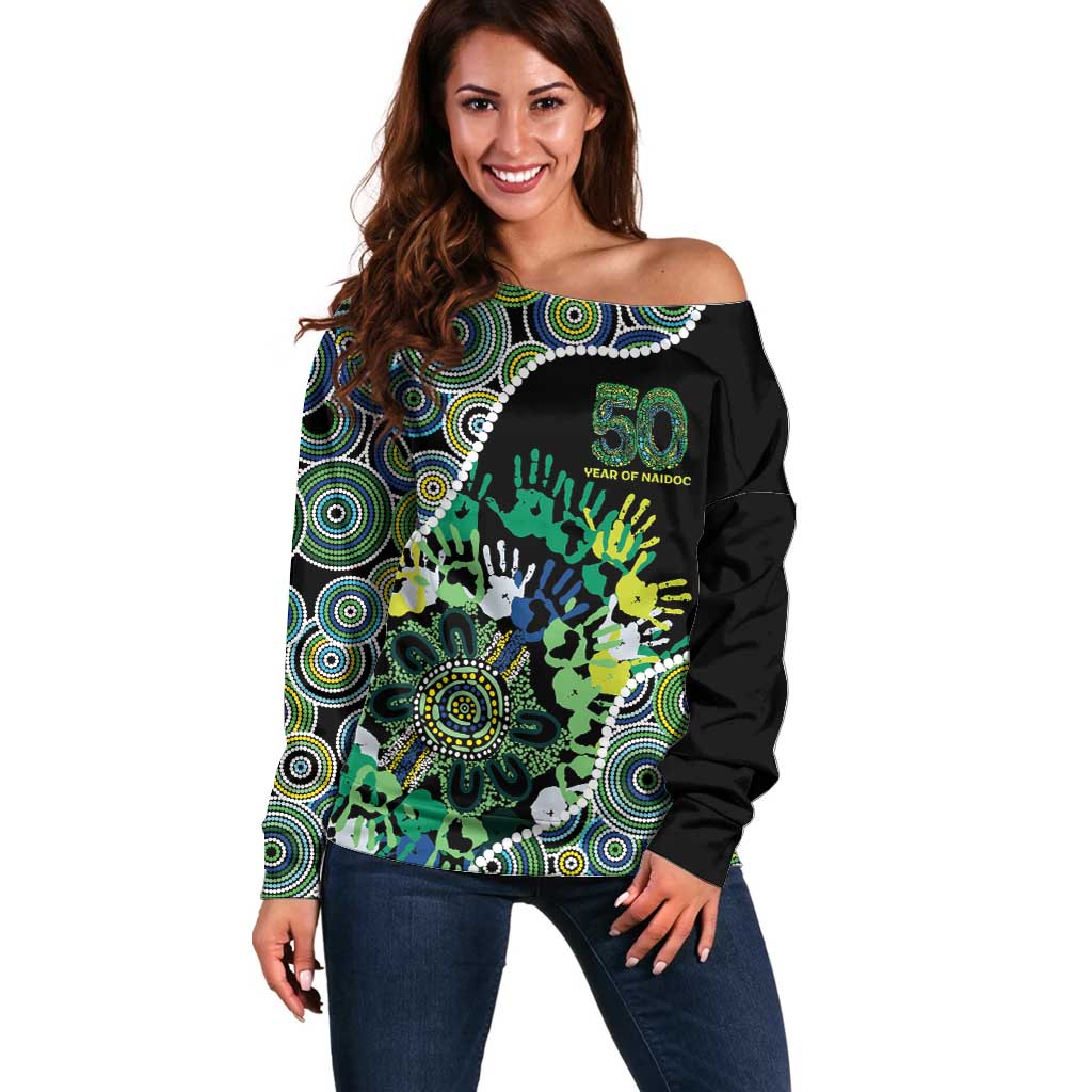 Honouring 50 Year Of NAIDOC Off Shoulder Sweater Honouring The Next Generation Green Aboriginal Art