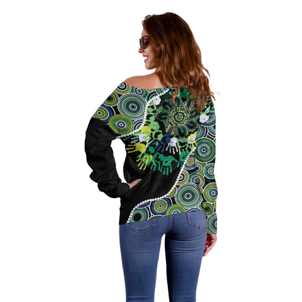 Honouring 50 Year Of NAIDOC Off Shoulder Sweater Honouring The Next Generation Green Aboriginal Art