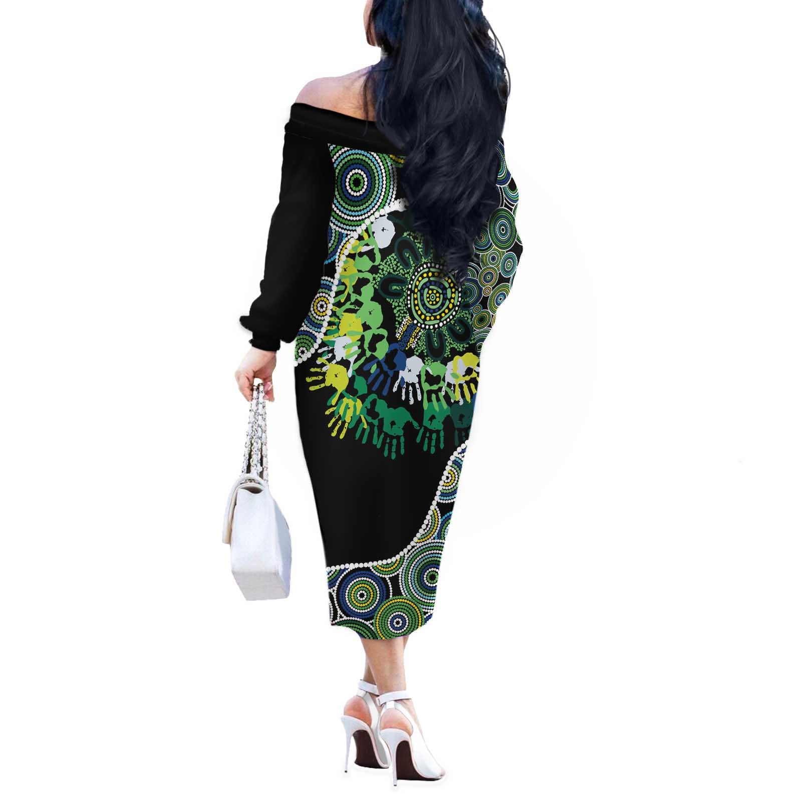 Honouring 50 Year Of NAIDOC Off The Shoulder Long Sleeve Dress Honouring The Next Generation Green Aboriginal Art