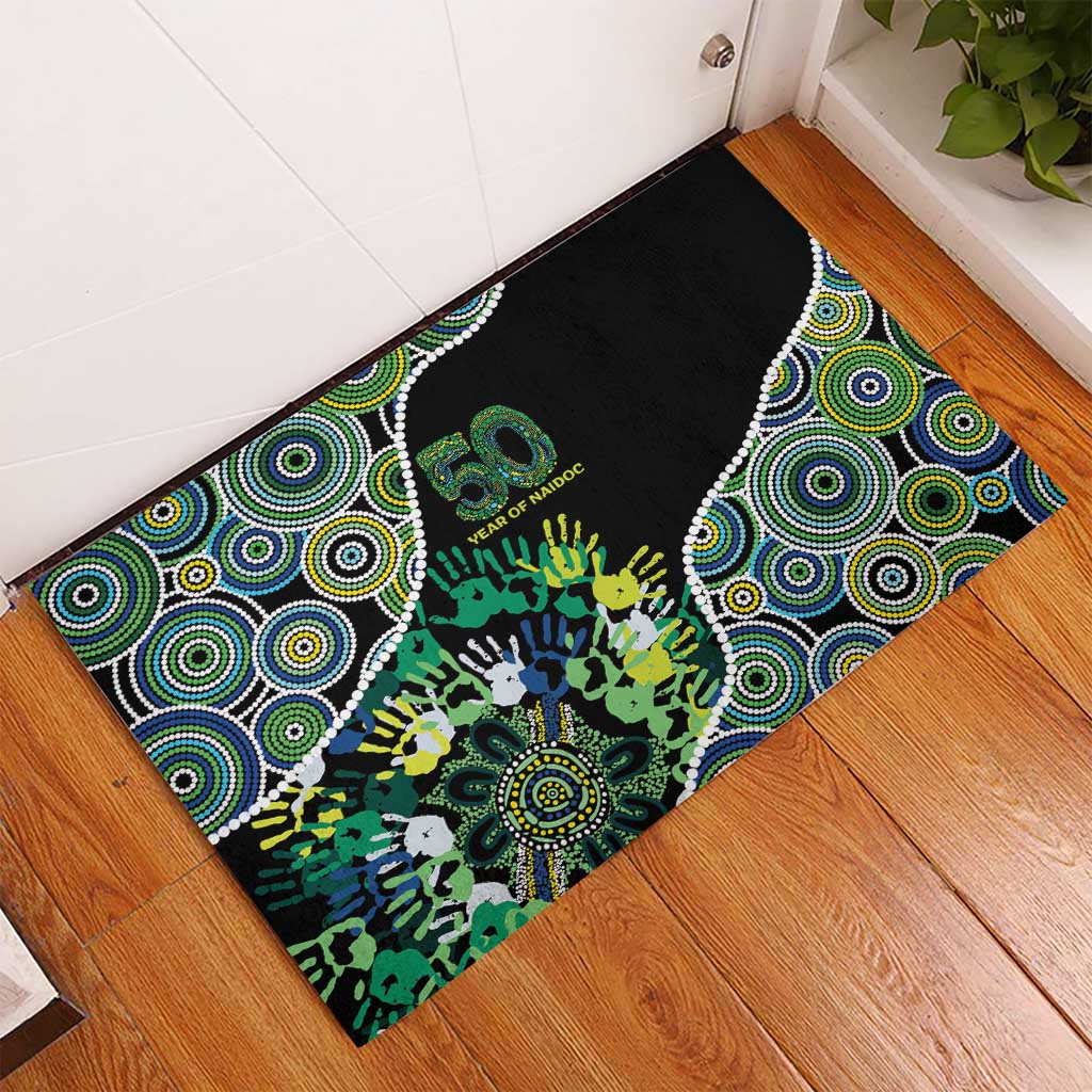 Honouring 50 Year Of NAIDOC Rubber Doormat Honouring The Next Generation Green Aboriginal Art
