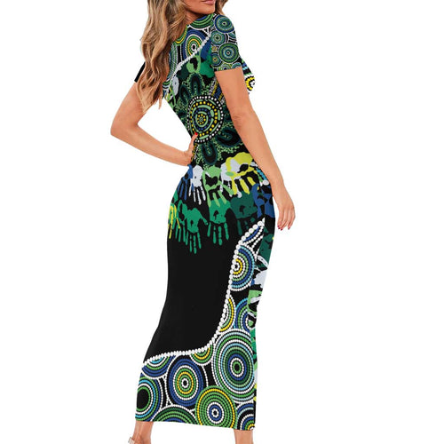 Honouring 50 Year Of NAIDOC Short Sleeve Bodycon Dress Honouring The Next Generation Green Aboriginal Art