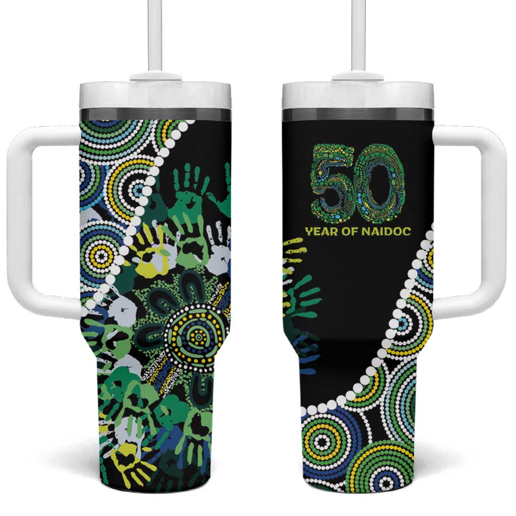 Honouring 50 Year Of NAIDOC Tumbler With Handle Honouring The Next Generation Green Aboriginal Art