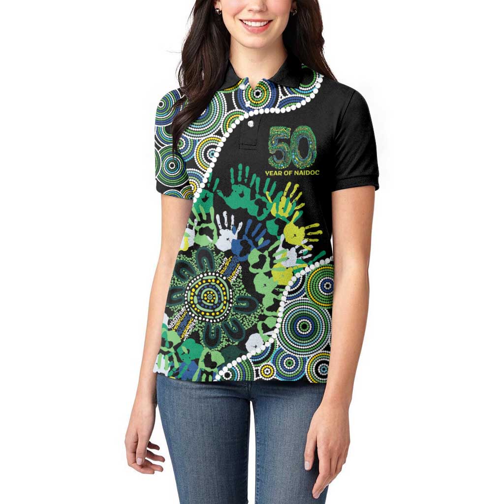 Honouring 50 Year Of NAIDOC Women Polo Shirt Honouring The Next Generation Green Aboriginal Art