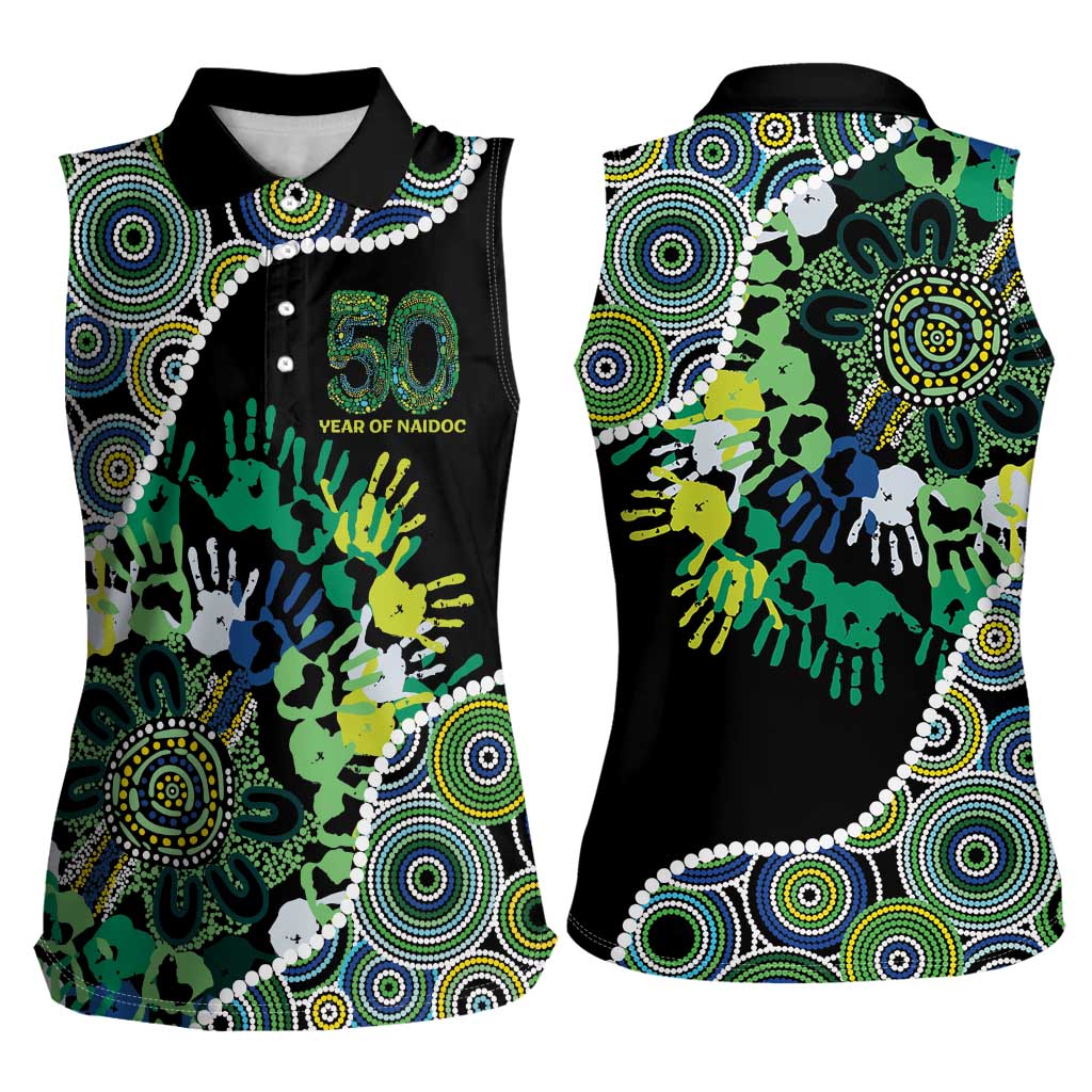 Honouring 50 Year Of NAIDOC Women Sleeveless Polo Shirt Honouring The Next Generation Green Aboriginal Art