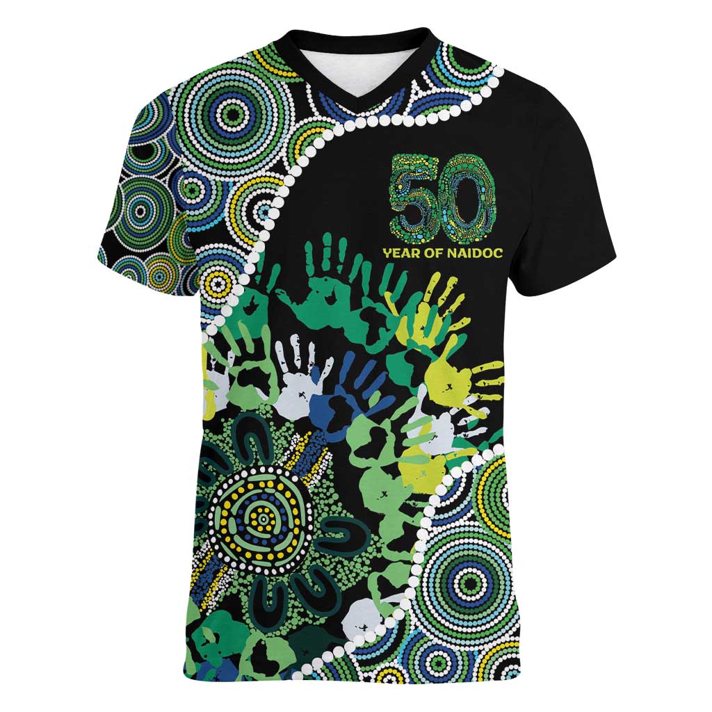 Honouring 50 Year Of NAIDOC Women V-Neck T-Shirt Honouring The Next Generation Green Aboriginal Art