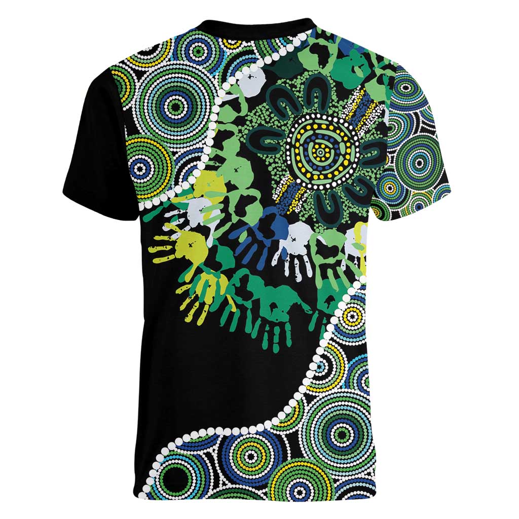 Honouring 50 Year Of NAIDOC Women V-Neck T-Shirt Honouring The Next Generation Green Aboriginal Art
