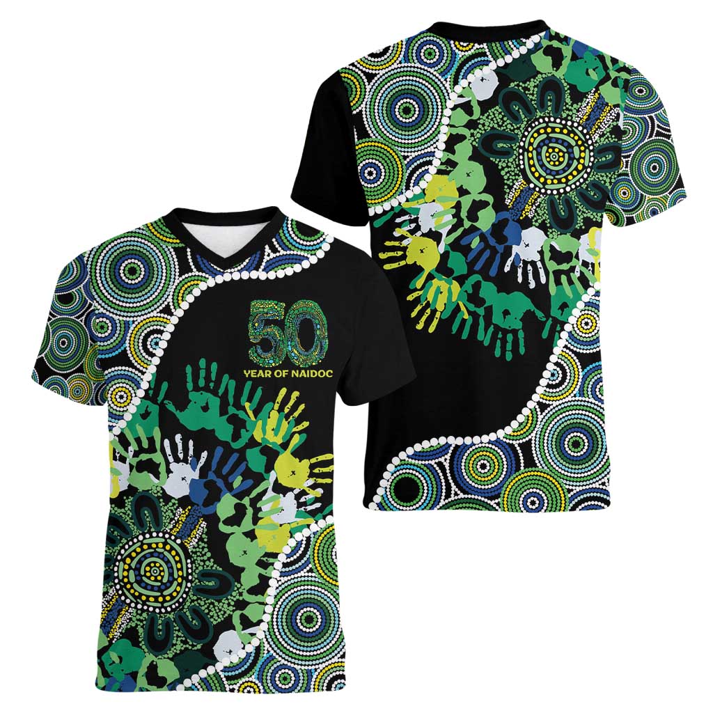 Honouring 50 Year Of NAIDOC Women V-Neck T-Shirt Honouring The Next Generation Green Aboriginal Art