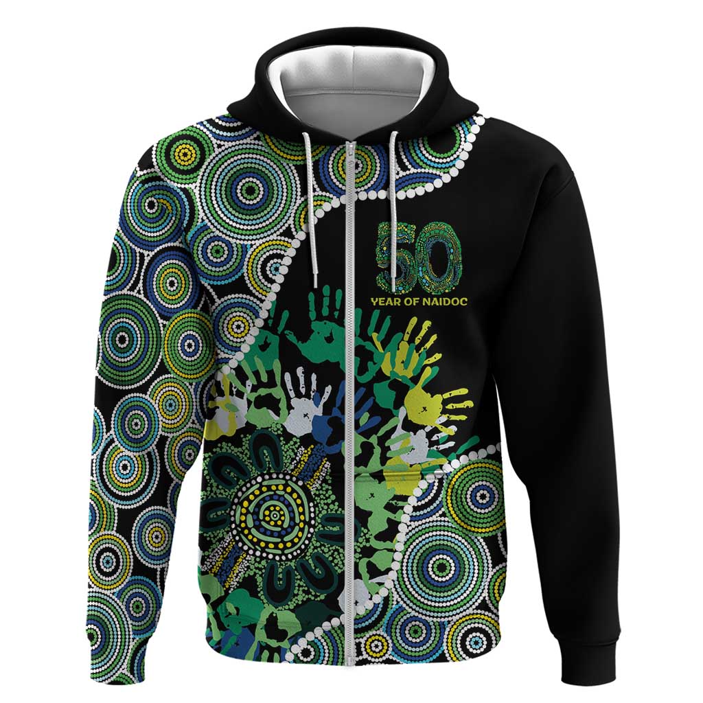 Honouring 50 Year Of NAIDOC Zip Hoodie Honouring The Next Generation Green Aboriginal Art