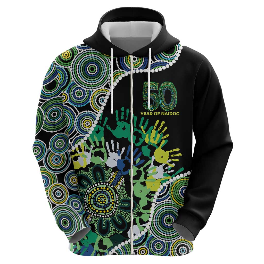 Honouring 50 Year Of NAIDOC Zip Hoodie Honouring The Next Generation Green Aboriginal Art
