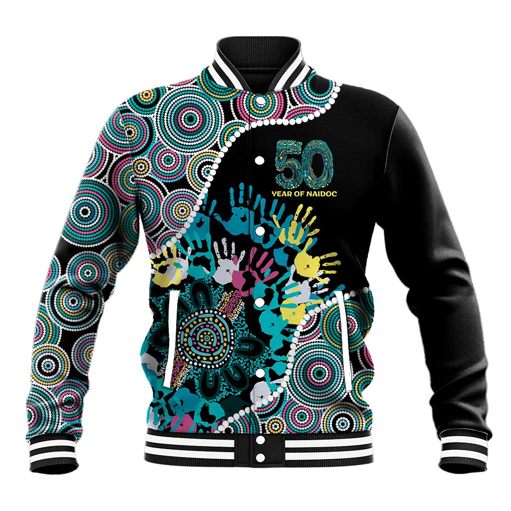 Honouring 50 Year Of NAIDOC Baseball Jacket Honouring The Next Generation Pastel Aboriginal Art