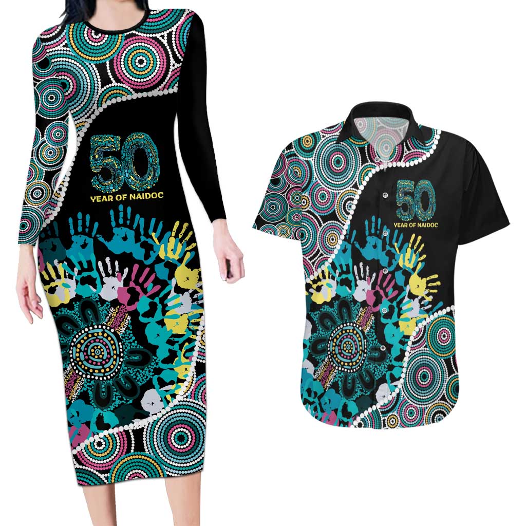 Honouring 50 Year Of NAIDOC Couples Matching Long Sleeve Bodycon Dress and Hawaiian Shirt Honouring The Next Generation Pastel Aboriginal Art