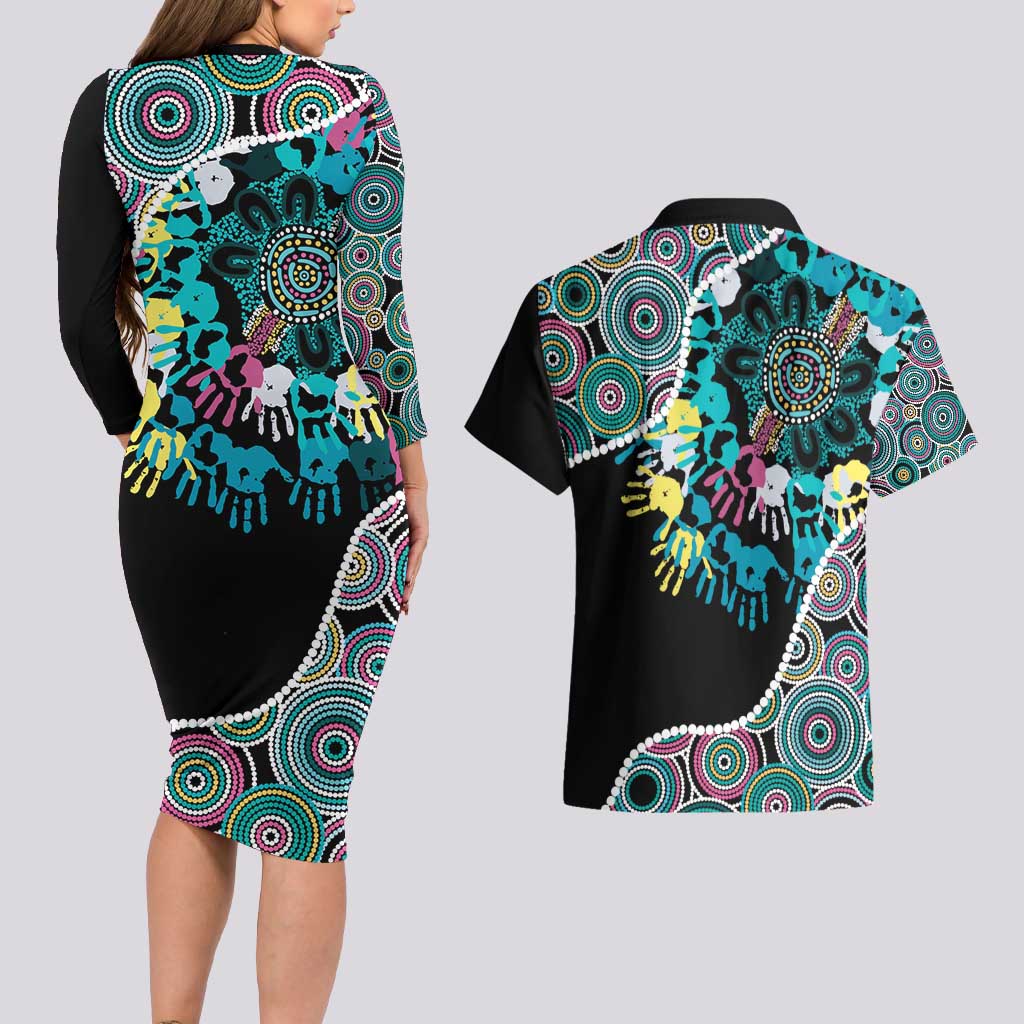 Honouring 50 Year Of NAIDOC Couples Matching Long Sleeve Bodycon Dress and Hawaiian Shirt Honouring The Next Generation Pastel Aboriginal Art