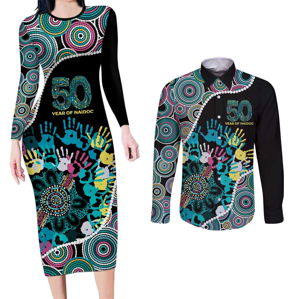 Honouring 50 Year Of NAIDOC Couples Matching Long Sleeve Bodycon Dress and Long Sleeve Button Shirt Honouring The Next Generation Pastel Aboriginal Art