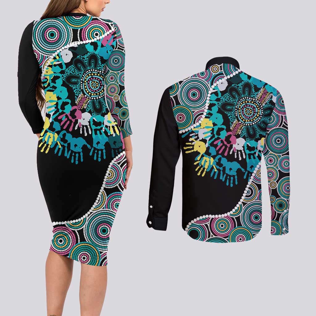 Honouring 50 Year Of NAIDOC Couples Matching Long Sleeve Bodycon Dress and Long Sleeve Button Shirt Honouring The Next Generation Pastel Aboriginal Art
