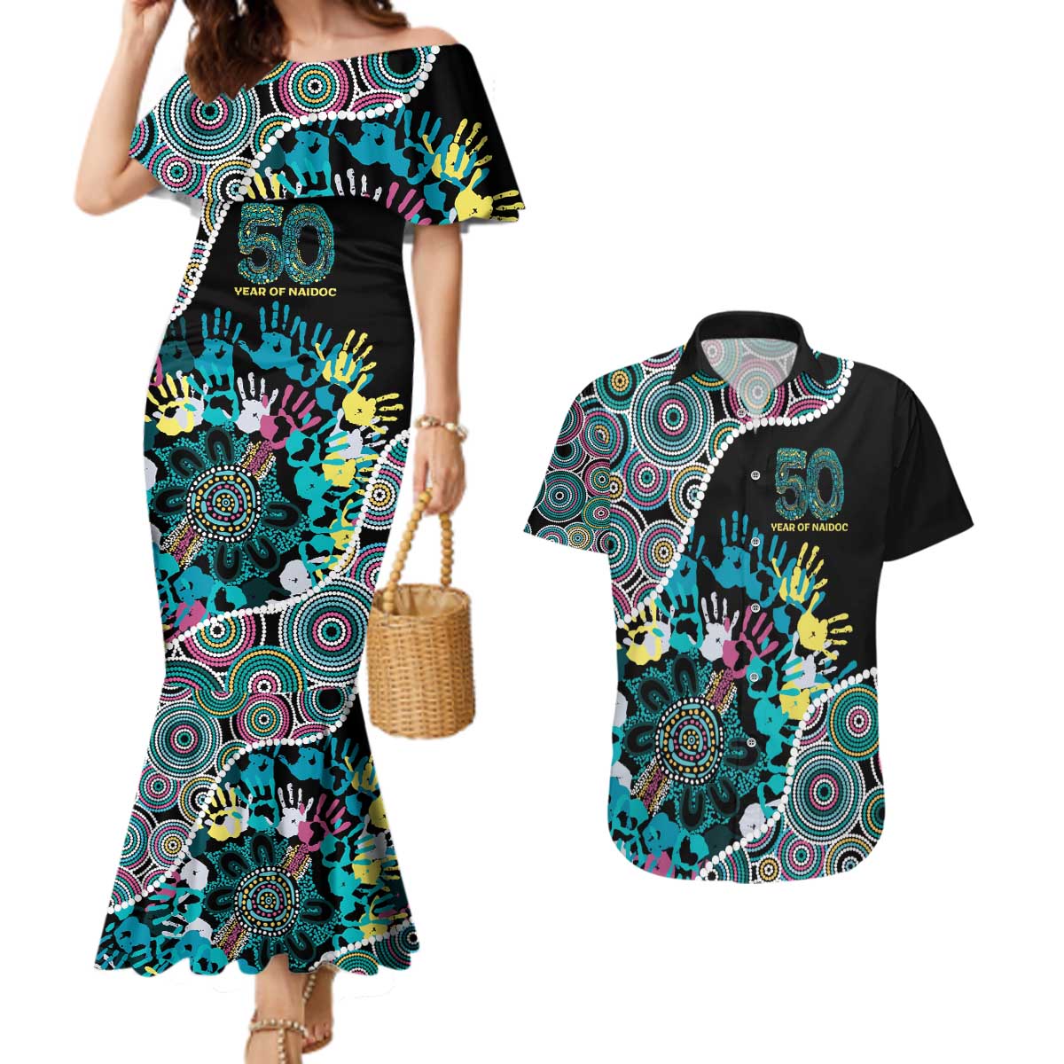 Honouring 50 Year Of NAIDOC Couples Matching Mermaid Dress and Hawaiian Shirt Honouring The Next Generation Pastel Aboriginal Art