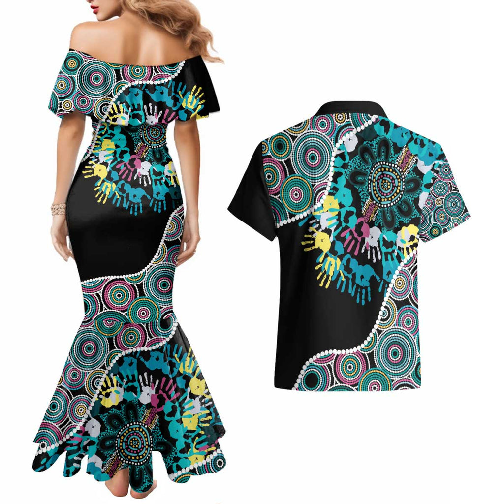 Honouring 50 Year Of NAIDOC Couples Matching Mermaid Dress and Hawaiian Shirt Honouring The Next Generation Pastel Aboriginal Art