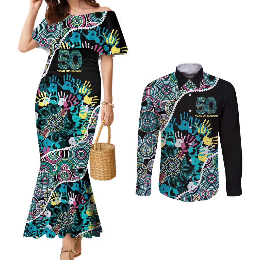 Honouring 50 Year Of NAIDOC Couples Matching Mermaid Dress and Long Sleeve Button Shirt Honouring The Next Generation Pastel Aboriginal Art