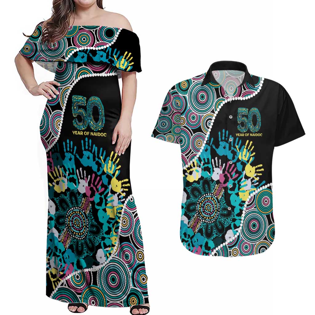 Honouring 50 Year Of NAIDOC Couples Matching Off Shoulder Maxi Dress and Hawaiian Shirt Honouring The Next Generation Pastel Aboriginal Art