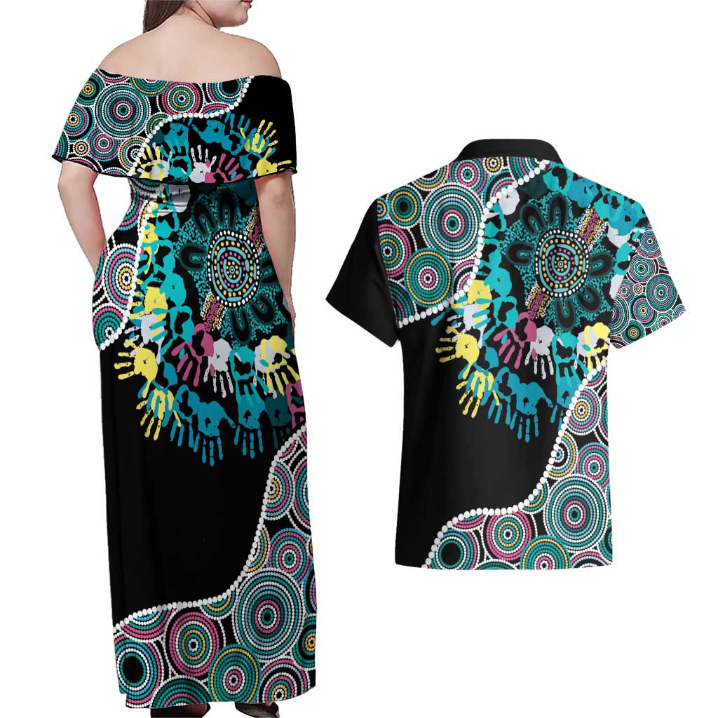 Honouring 50 Year Of NAIDOC Couples Matching Off Shoulder Maxi Dress and Hawaiian Shirt Honouring The Next Generation Pastel Aboriginal Art
