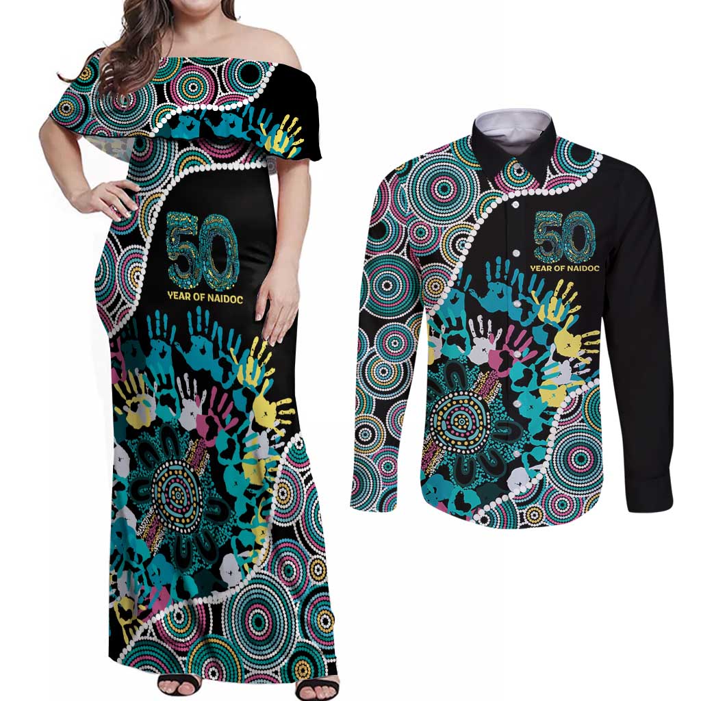 Honouring 50 Year Of NAIDOC Couples Matching Off Shoulder Maxi Dress and Long Sleeve Button Shirt Honouring The Next Generation Pastel Aboriginal Art
