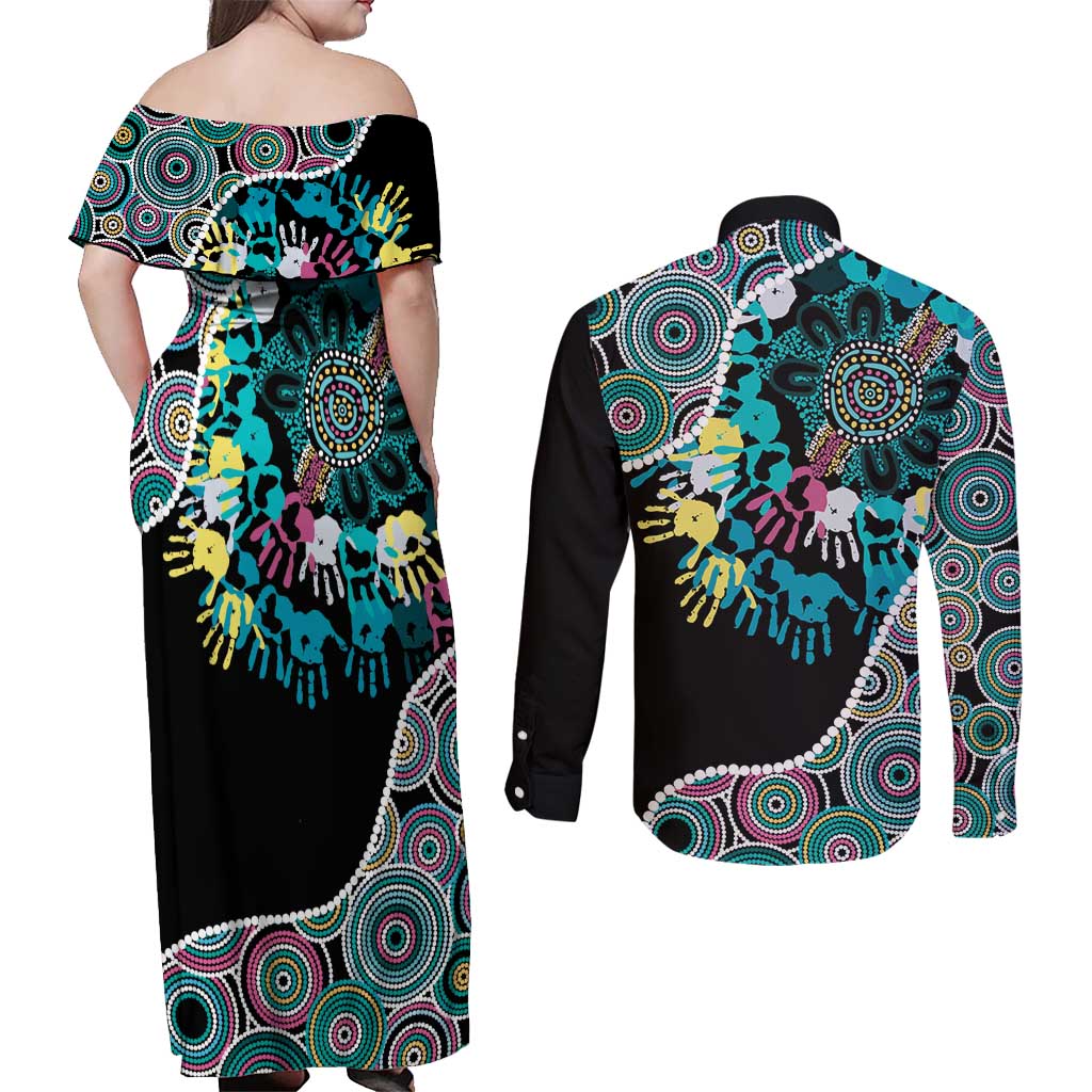 Honouring 50 Year Of NAIDOC Couples Matching Off Shoulder Maxi Dress and Long Sleeve Button Shirt Honouring The Next Generation Pastel Aboriginal Art